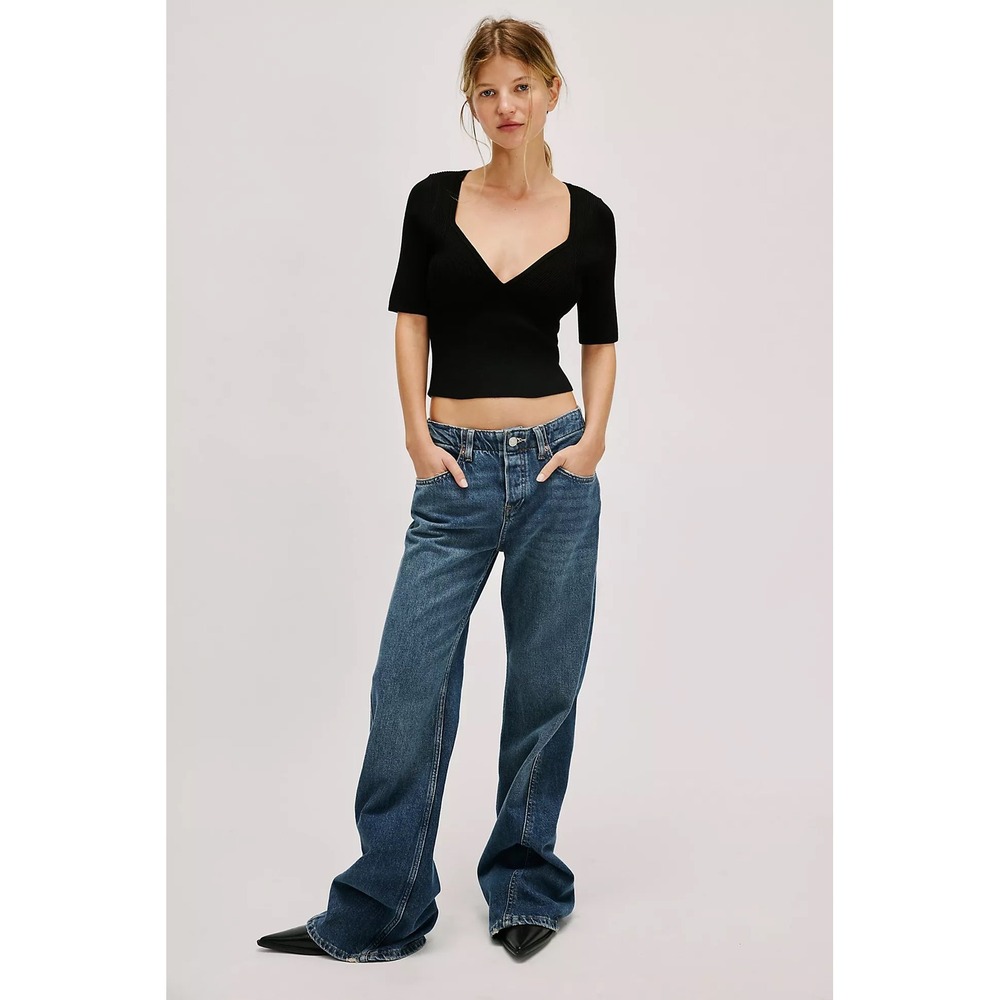Free People Intimately Teagan Swit Black Ribbed V-Neck Top XS
